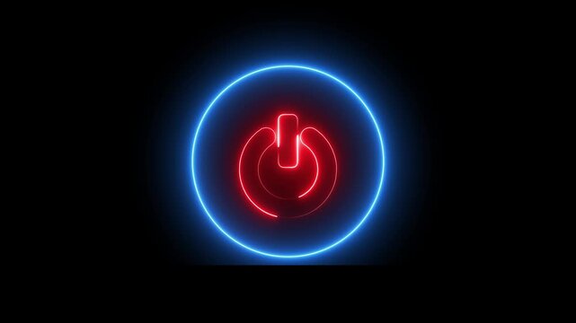 Neon Power button icon animation glowing red and blue color shutdown switch screen turn on off button computer mobile phone startup stop sign closed icon on black background