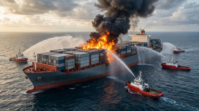 Cargo ship on fire in the ocean, maritime accident, insurance claim, total cargo loss and crisis management concept