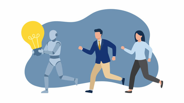 Robot, businessman, and businesswoman running with lightbulb, symbolizing innovation