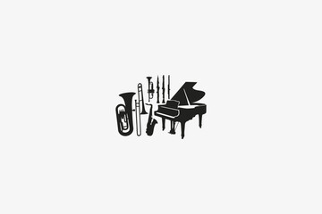 Orchestra instruments silhouettes with grand piano and brass © babu