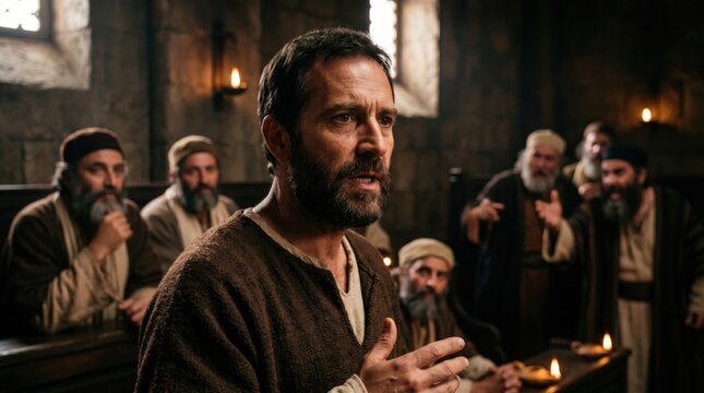 Apostle Paul speaking before the Sanhedrin council. Biblical scene depicting man testifying with conscience before priests and elders. Historical religious drama and faith narrative.