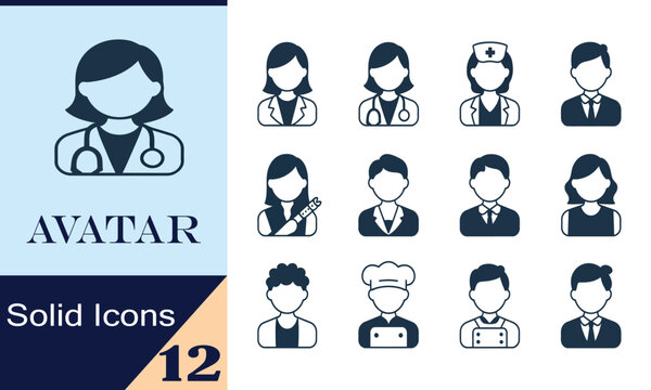 Set of flat design people icons in different professions and styles for user interface and avatar purposes