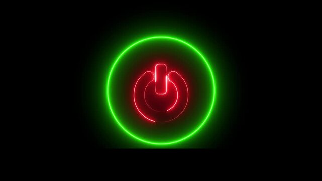 Neon Power button icon animation glowing red and green color shutdown switch screen turn on off button computer mobile phone startup stop sign closed icon on black background