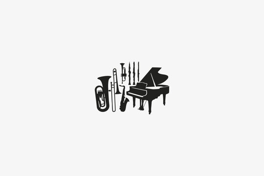 Orchestra instruments silhouettes with grand piano and brass