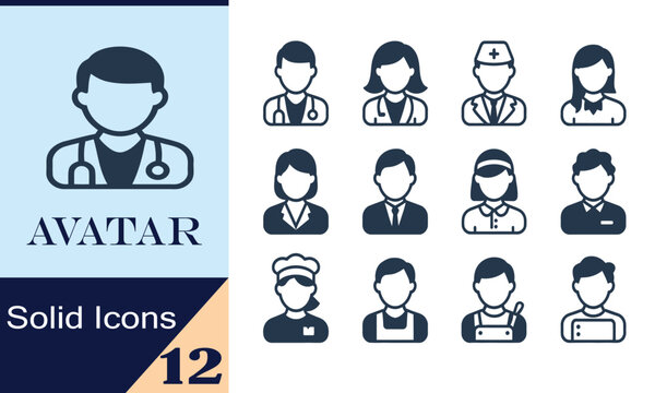Set of solid icons of people in various professions and roles for user interface design  people avatars for websites and applications