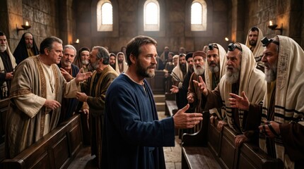 Obraz premium Apostle Paul standing trial before the Sanhedrin council. Biblical scene depicting man speaking to religious elders in ancient stone chamber. Dramatic historical narrative of faith.