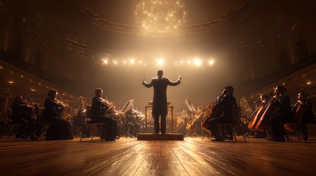 Conductor leading a full symphony orchestra on stage under warm spotlighting. Professional classical music performance. 