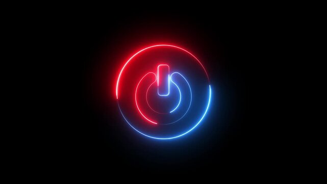 Neon Power button icon animation glowing red and blue color shutdown switch screen turn on off button computer mobile phone startup stop sign closed icon on black background