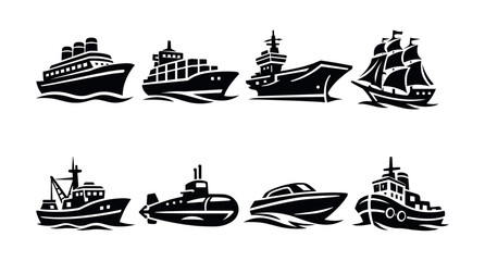 Collection of diverse ship and boat icons on a white background © Compositor 