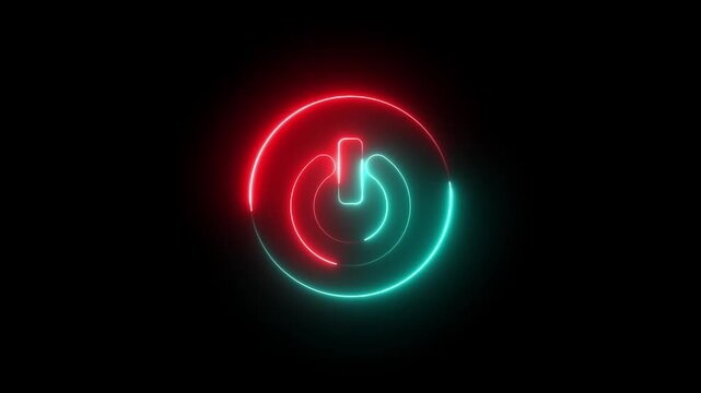 Neon Power button icon animation glowing red and cyan color shutdown switch screen turn on off button computer mobile phone startup stop sign closed icon on black background