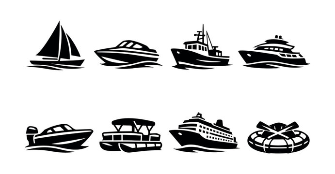 Collection of diverse watercraft and marine vessel icons in a clean black and white design