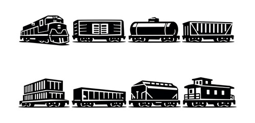 Collection of stylized black and white train cars and locomotive © Compositor 