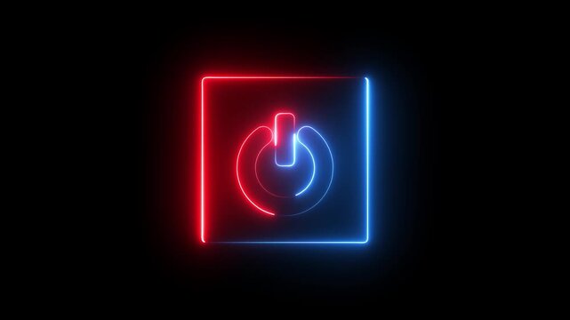 Neon Power button icon animation glowing red and blue color shutdown switch screen turn on off button computer mobile phone startup stop sign closed icon on black background