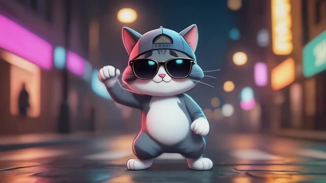 Cool animated cat with sunglasses and backward cap dances confidently city street night, playful urban vibe, animation of urban