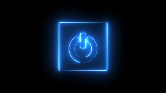 Neon Power button icon animation glowing blue color shutdown switch screen turn on off button computer mobile phone startup stop sign closed icon on black background