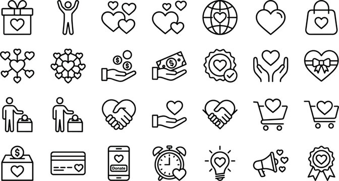 Charity and donation line icon set featuring volunteering community support non-profit fundraising hands and heart vectors