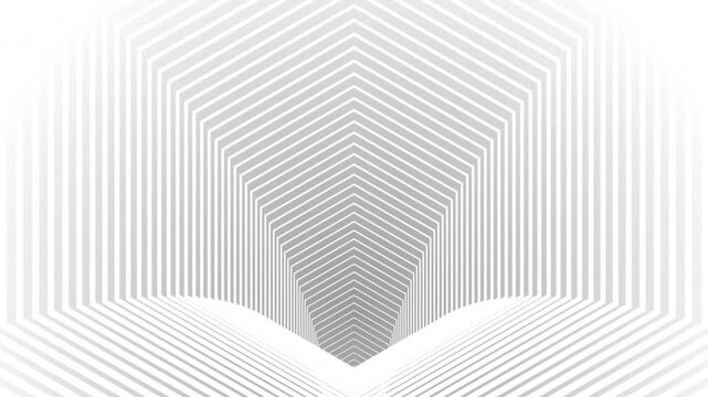 A minimalist abstract background loop animation in white and gray. The design focuses on geometric lines that create a hypnotic perspective of a hexagonal corridor or tunnel (optical illusion).