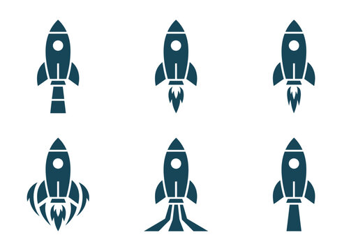 Space exploration rocket launch icon set