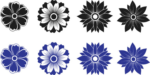 Fototapeta premium Floral collection eight vector flower designs in black and blue tones
