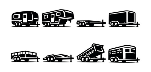 Collection of diverse trailer icons and silhouettes for transportation and hauling needs © Compositor 