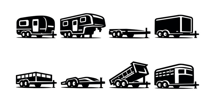 Collection of diverse trailer icons and silhouettes for transportation and hauling needs