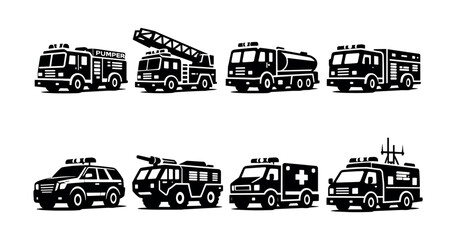 Collection of emergency service vehicle icons in black and white style © Compositor 