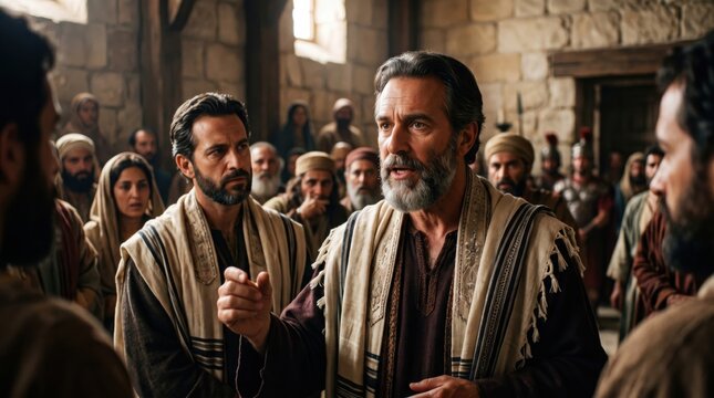 Apostle Paul standing in the Sanhedrin speaking to Jewish priests. Biblical scene from Acts of the Apostles. Historical religious illustration depicting Saint Paul during his trial.