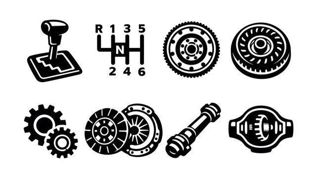 Collection of automotive drivetrain and transmission components in black and white icons