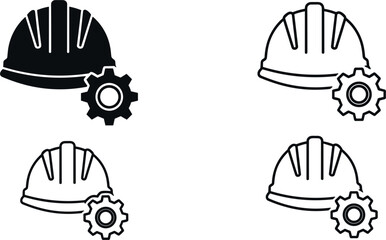 Obraz premium Construction safety hard hat helmet and gear icon set featuring solid black glyph silhouettes and thin line outline styles for engineering industrial maintenance graphics