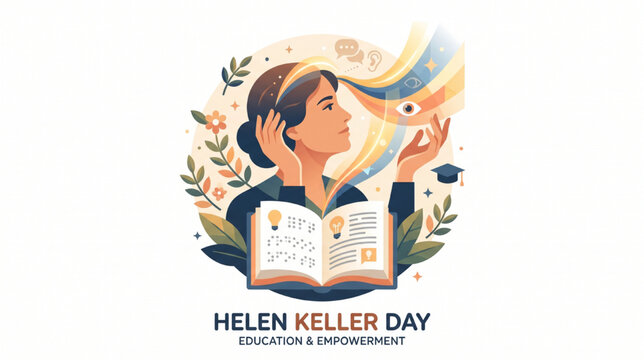 Helen Keller Day Tribute Vector Illustration with Empowerment, Education, Braille Symbols and Communication Awareness Concept