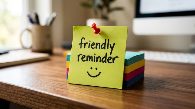 Friendly reminder note pinned to a stack of colorful office pads