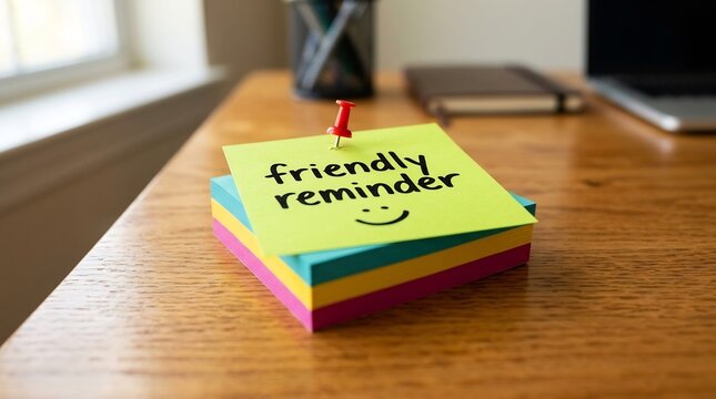 Friendly reminder note on colorful sticky pads on office desk