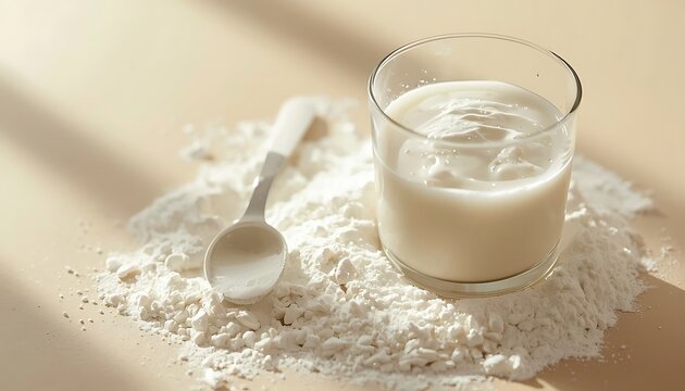A clear glass measuring cup filled with fresh milk sits beside a spoon on a pile of fine white flour on a wooden surface