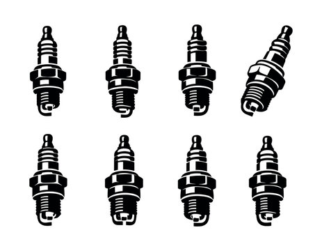 Collection of black and white spark plug icons for automotive engine parts