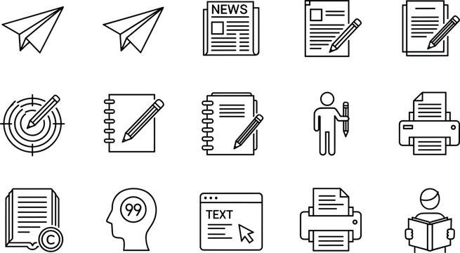 Content writing copywriting and blogging thin line icon set featuring newspaper notebook printer document paper plane target and publishing graphic elements