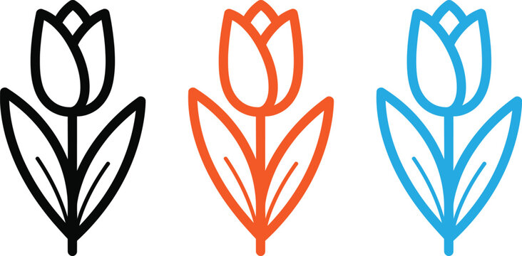 Tulip flower line icons set black orange and blue variations
