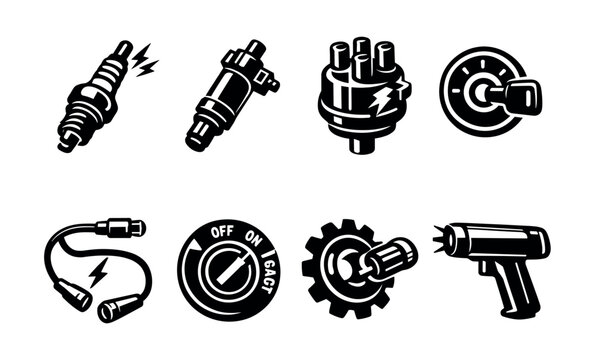 Collection of automotive ignition system components and tools in black and white icons