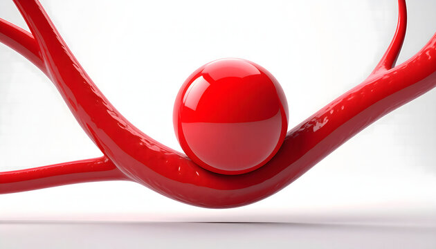 Abstract representation of a brain aneurysm, a dangerous bulge in a blood vessel, visualized in a 3D render with a glossy red sphere