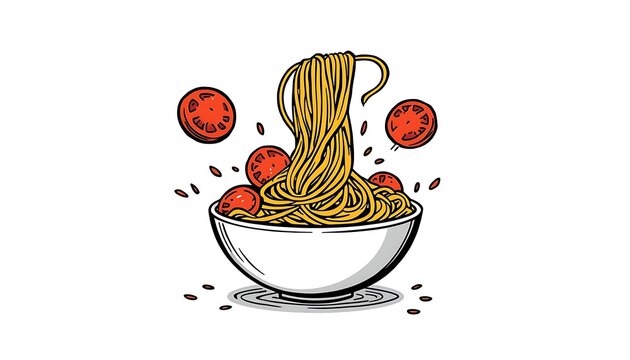 A bowl of spaghetti noodles topped with several juicy tomato slices in a playful and cartoonish illustration style