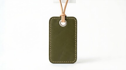 Obraz premium A single olive green leather travel identifier tag with a tan cord, isolated on a minimalist white surface.