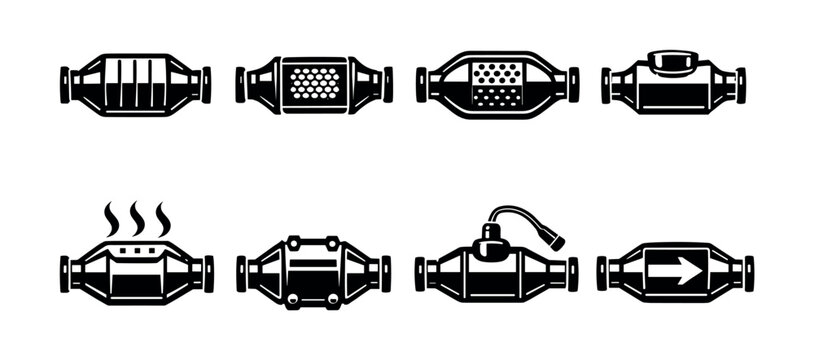 Collection of diverse catalytic converter icons representing various designs and functions