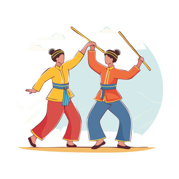 Two people in traditional clothing practicing martial arts with sticks