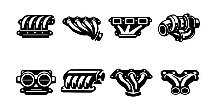 Collection of stylized automotive exhaust and intake manifold icons