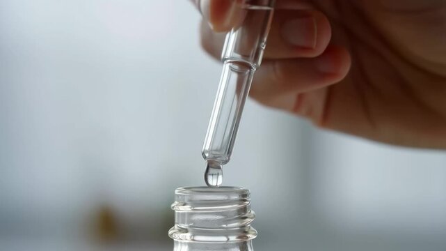 Close-up of a dropper dispensing liquid from a glass bottle. Essential for skincare routines and cosmetic applications