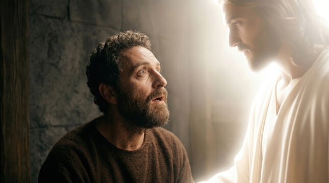 Jesus appearing to Apostle Paul in a dark room. Biblical vision of Christ visiting saint in prison. Religious scene from Acts of the Apostles, Christian faith and divine guidance.