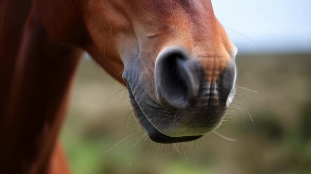 Close-up of a horse's muzzle in a natural setting. Capturing the beauty and grace of equine life in a serene environment