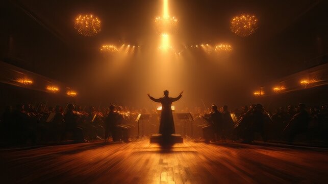 Conductor leading a full symphony orchestra on stage under warm spotlighting. Professional classical music performance. 