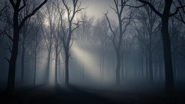 Foggy Forest Dusk Bare Tree Silhouette Moonlight Beam Mysterious Tranquil Nature Landscape Atmospheric Soft Beam
