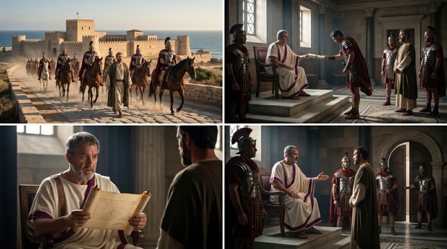 Roman soldiers escorting Paul the Apostle to governor Felix. Biblical scene of a prisoner sent to Caesarea for trial at Herod&rsquo;s praetorium. Historical religious narrative concept.