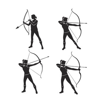 Archery, black silhouettes, bow and arrow, 4 poses, vector icons